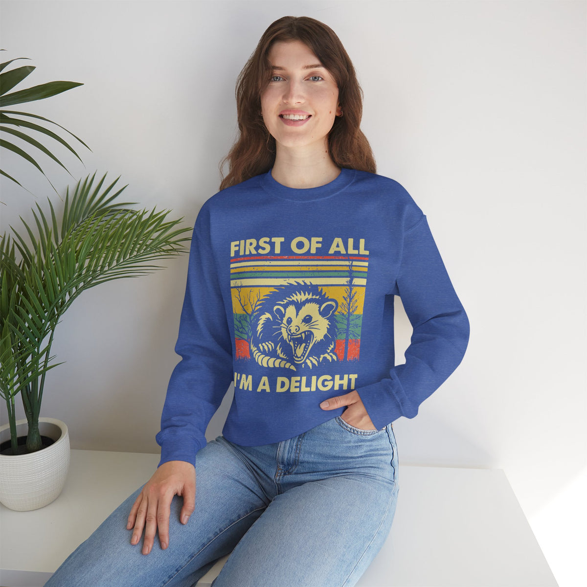 First Of All I'm A Delight Sweatshirt - Funny Angry Possum Sarcastic Meme Gift for Possum Lovers