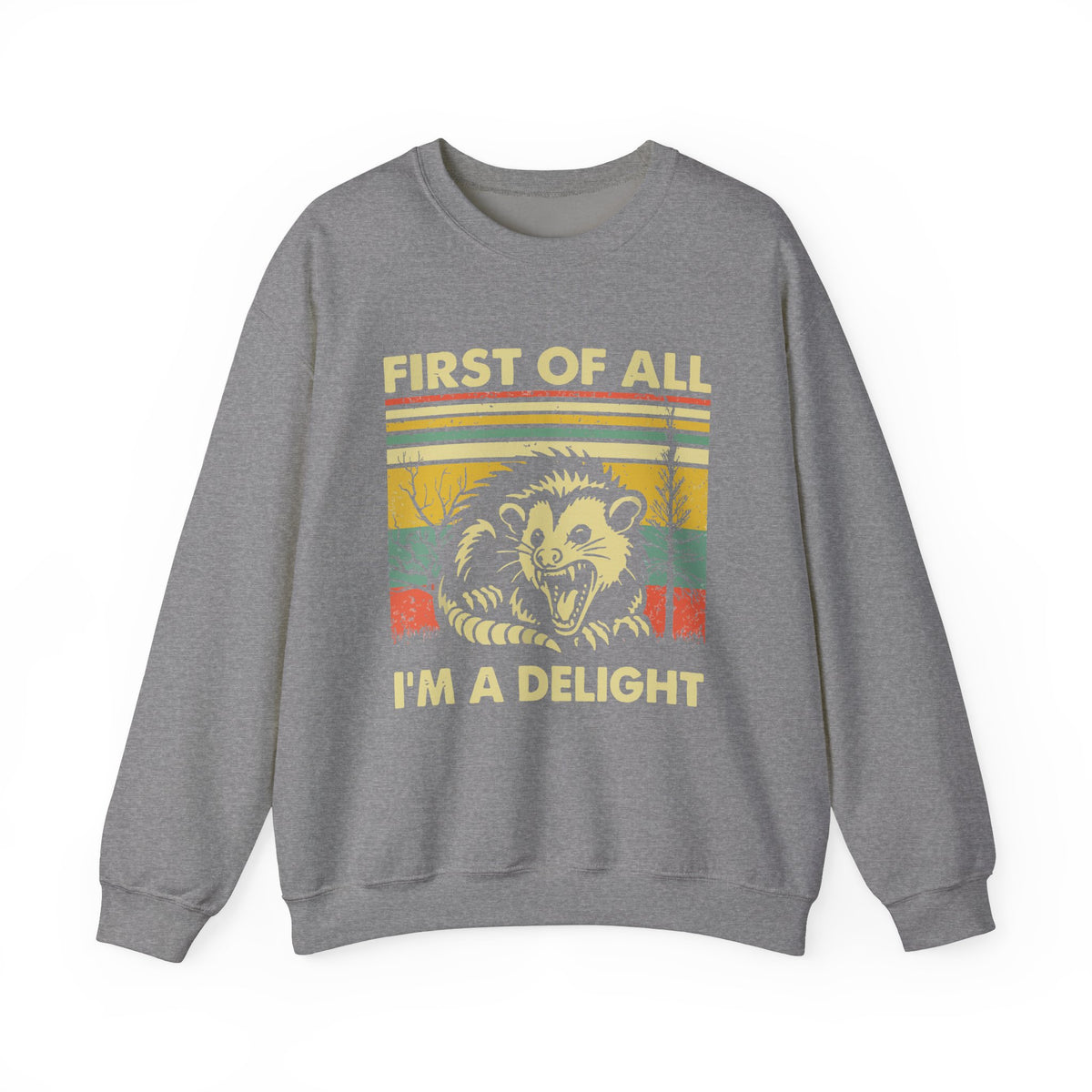 First Of All I'm A Delight Sweatshirt - Funny Angry Possum Sarcastic Meme Gift for Possum Lovers