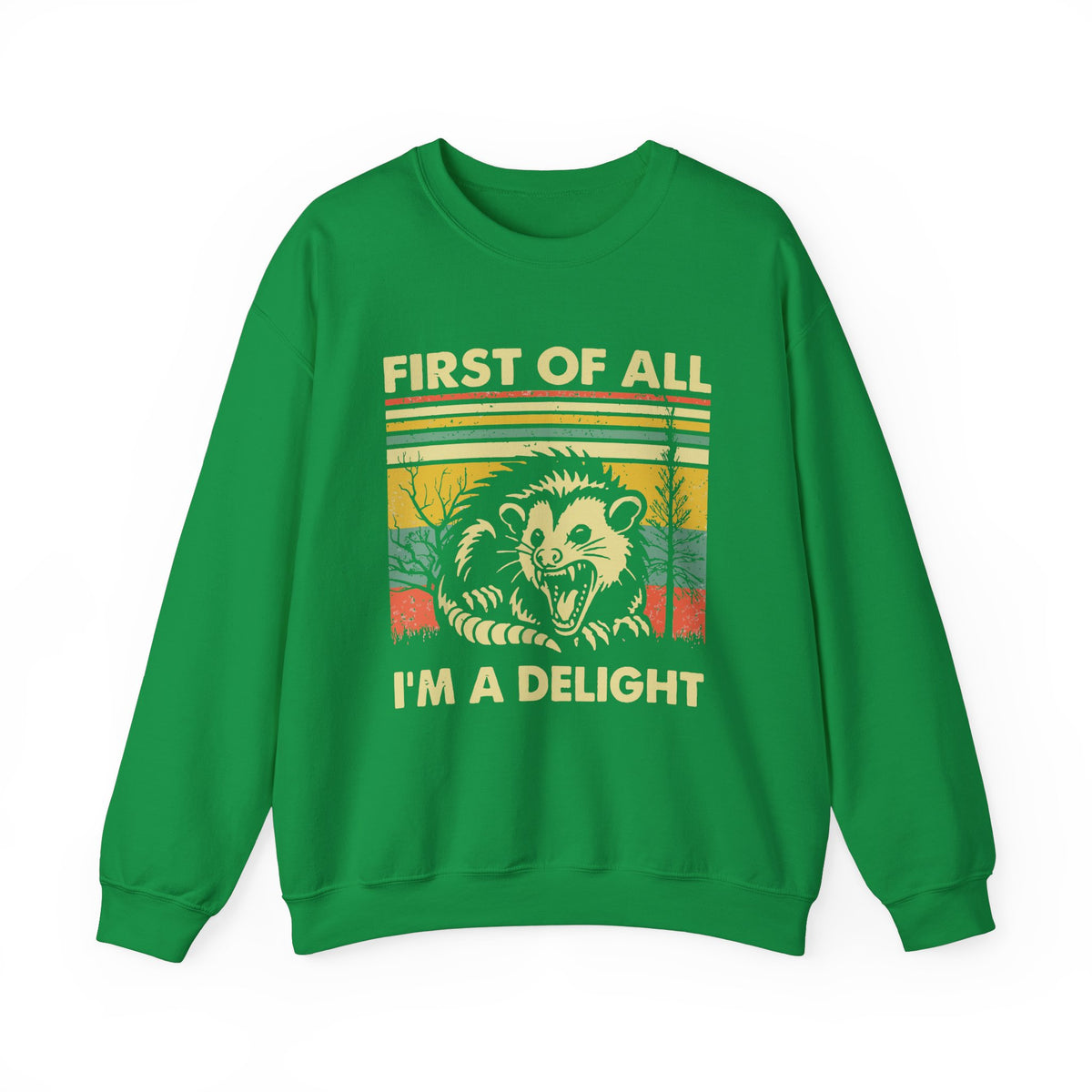 First Of All I'm A Delight Sweatshirt - Funny Angry Possum Sarcastic Meme Gift for Possum Lovers