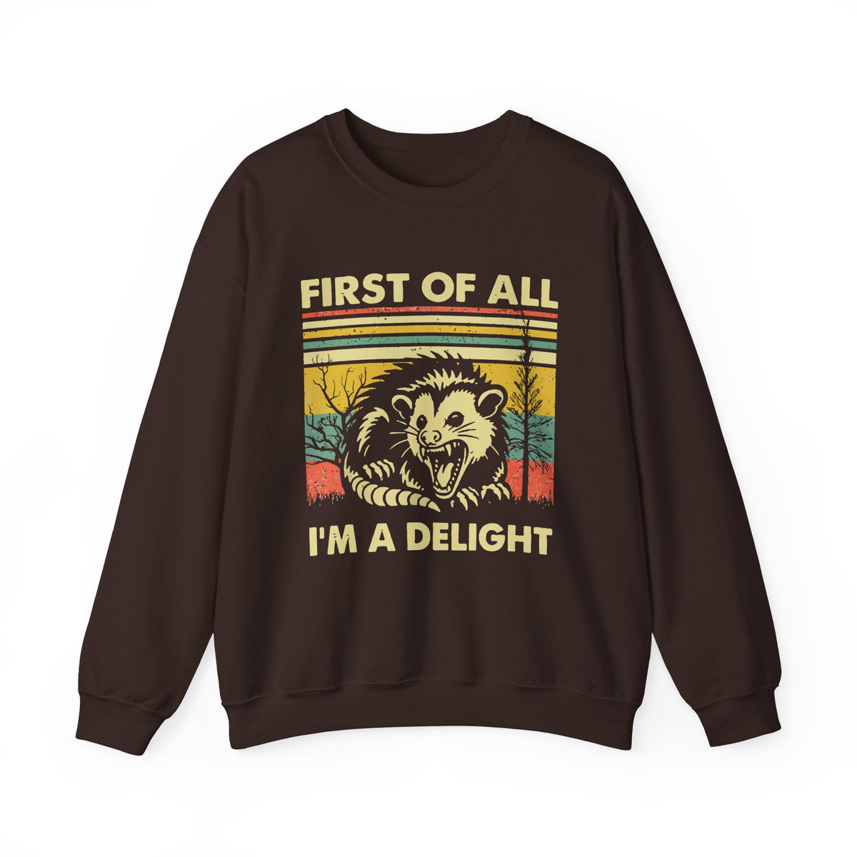 First Of All I'm A Delight Sweatshirt - Funny Angry Possum Sarcastic Meme Gift for Possum Lovers