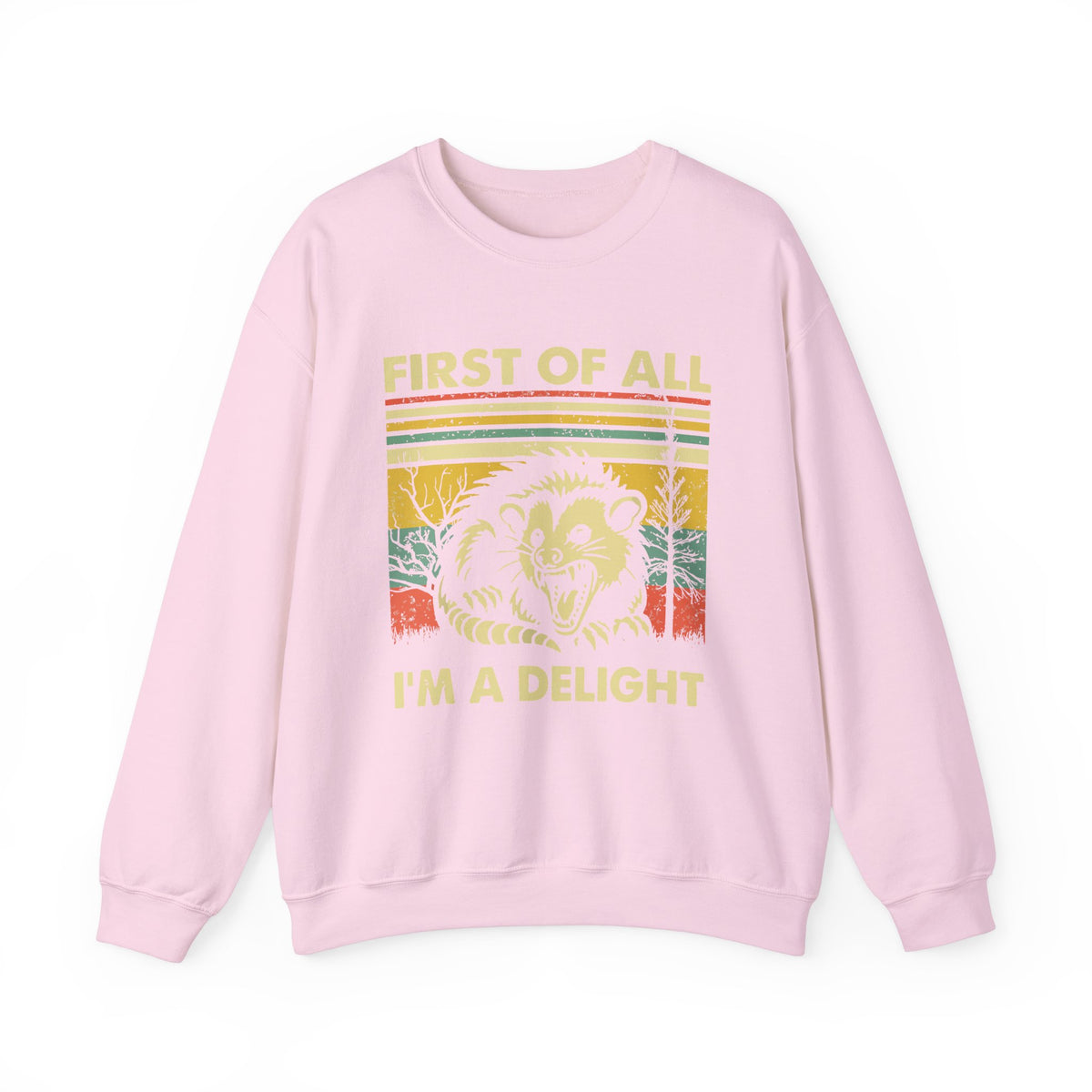 First Of All I'm A Delight Sweatshirt - Funny Angry Possum Sarcastic Meme Gift for Possum Lovers