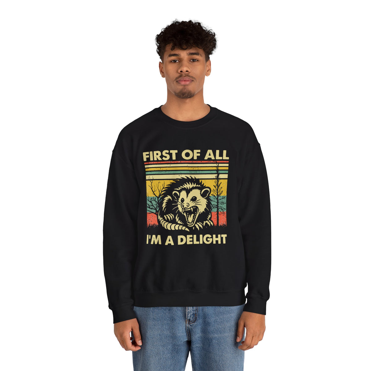 First Of All I'm A Delight Sweatshirt - Funny Angry Possum Sarcastic Meme Gift for Possum Lovers