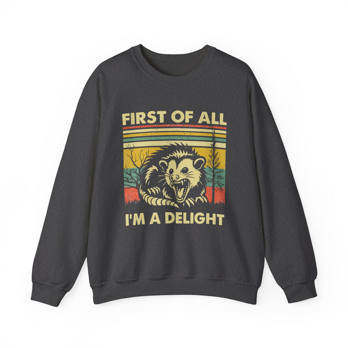 First Of All I'm A Delight Sweatshirt - Funny Angry Possum Sarcastic Meme Gift for Possum Lovers