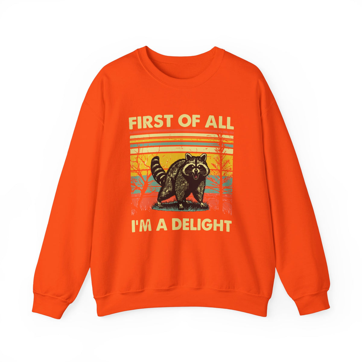 First Of All I'm A Delight Sweatshirt - Funny Angry Raccoon Sarcastic Meme Gift for Raccoon Lovers