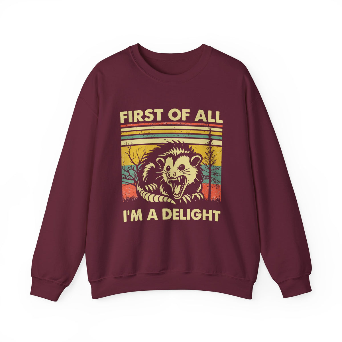 First Of All I'm A Delight Sweatshirt - Funny Angry Possum Sarcastic Meme Gift for Possum Lovers