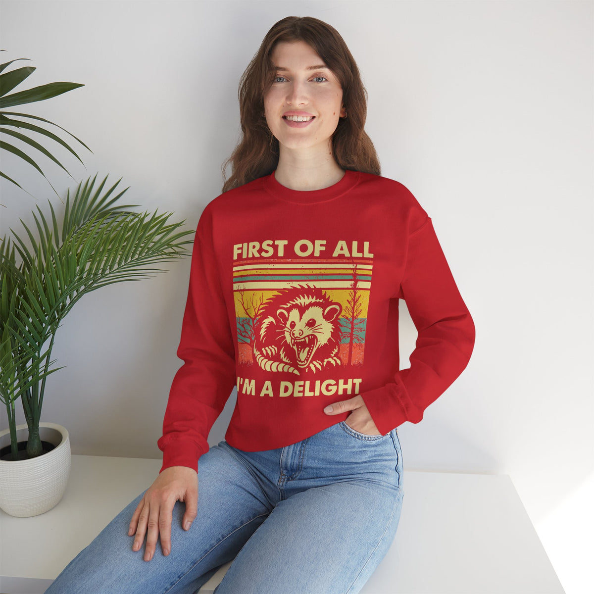 First Of All I'm A Delight Sweatshirt - Funny Angry Possum Sarcastic Meme Gift for Possum Lovers