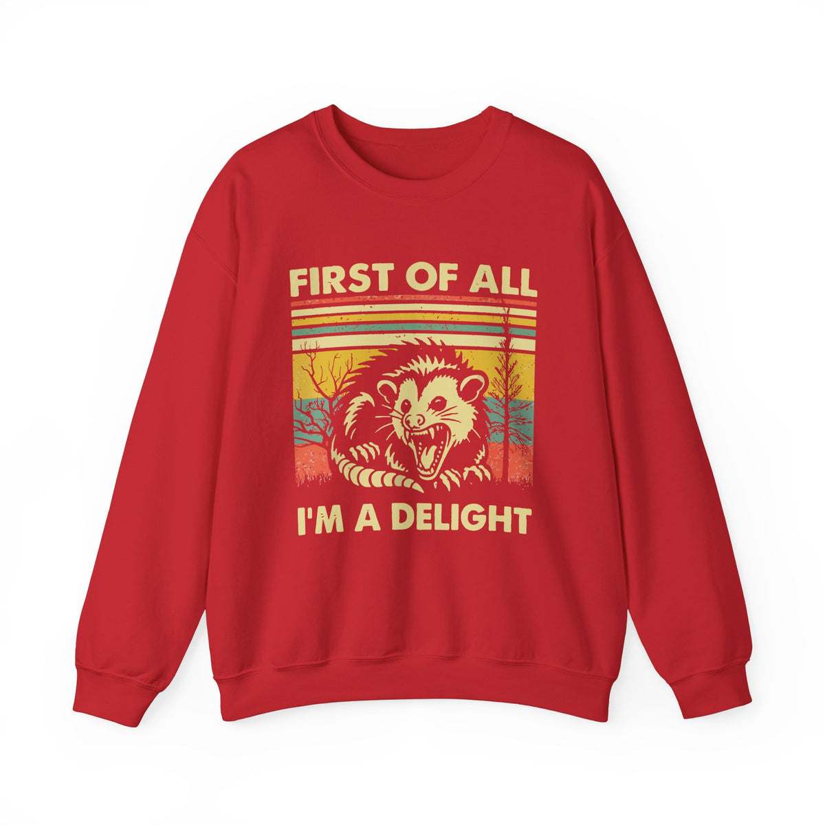 First Of All I'm A Delight Sweatshirt - Funny Angry Possum Sarcastic Meme Gift for Possum Lovers