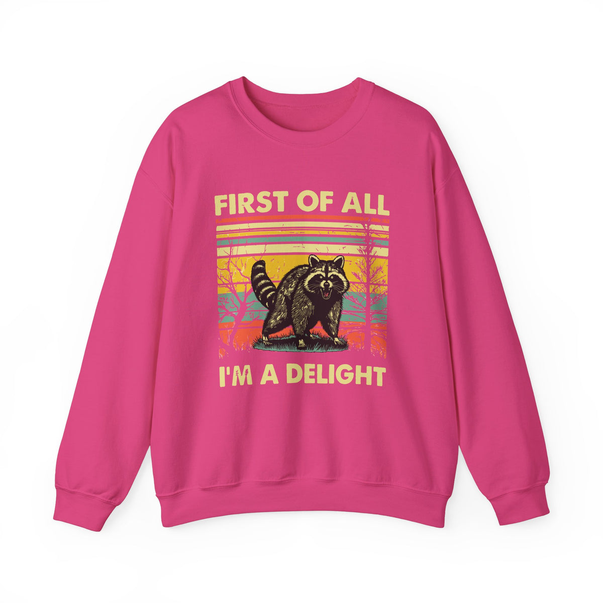 First Of All I'm A Delight Sweatshirt - Funny Angry Raccoon Sarcastic Meme Gift for Raccoon Lovers