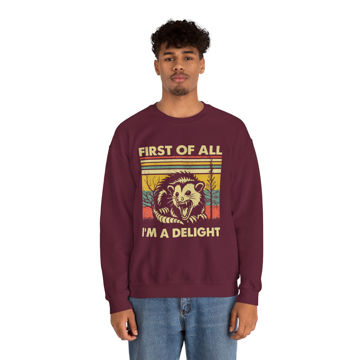 First Of All I'm A Delight Sweatshirt - Funny Angry Possum Sarcastic Meme Gift for Possum Lovers